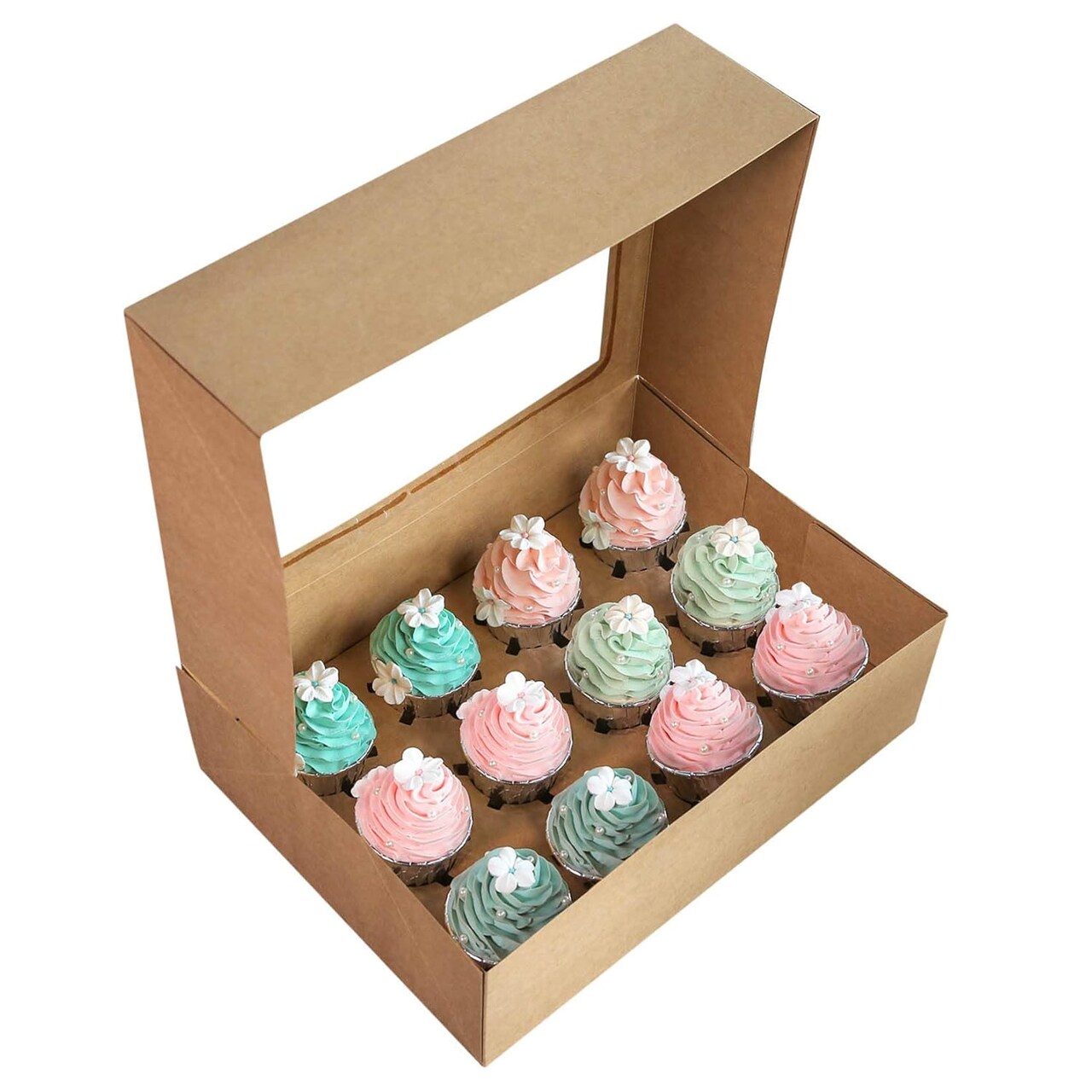 15-Pack Brown Cupcake Boxes 12 Holders Cake Carrier Food Grade Kraft Pop-up Bakery Boxes 13.8 x 9.5 x 4inch with Inserts and PVC Windows Fits 12 Cavity Cupcake Pack of 15